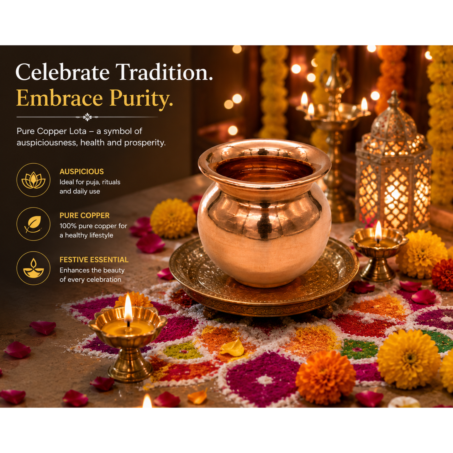 Copper Lota Kalash for Puja, Prayer & Copper Water Pot for Hindu Rituals