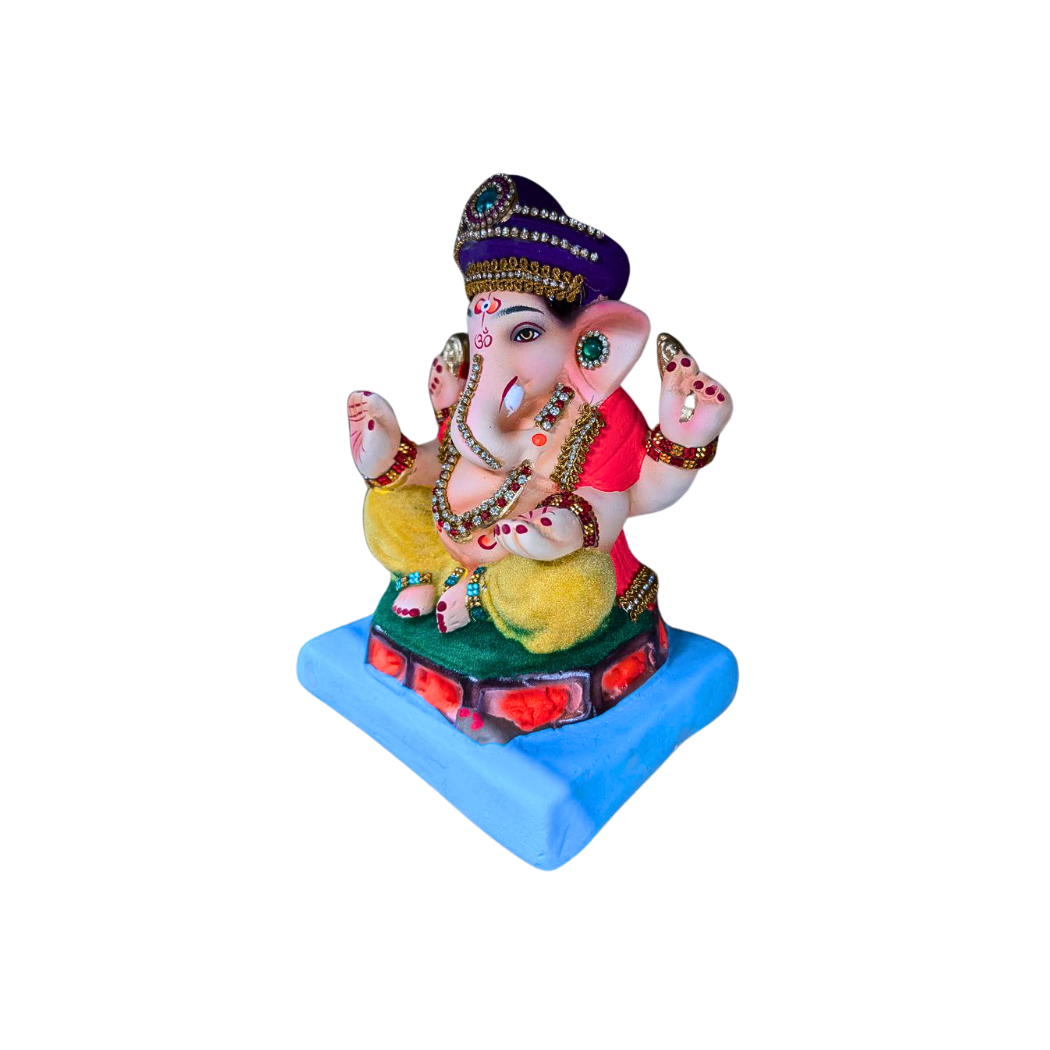 Handmade Colorful Clay Ganpati Idol with Stone Studded Detailing - Available in 3 Sizes