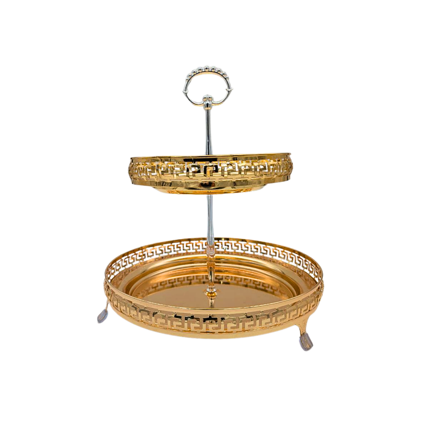Elegant Golden 2-Tier Round Serving Tray with Handle – 21cm & 29cm Diameter
