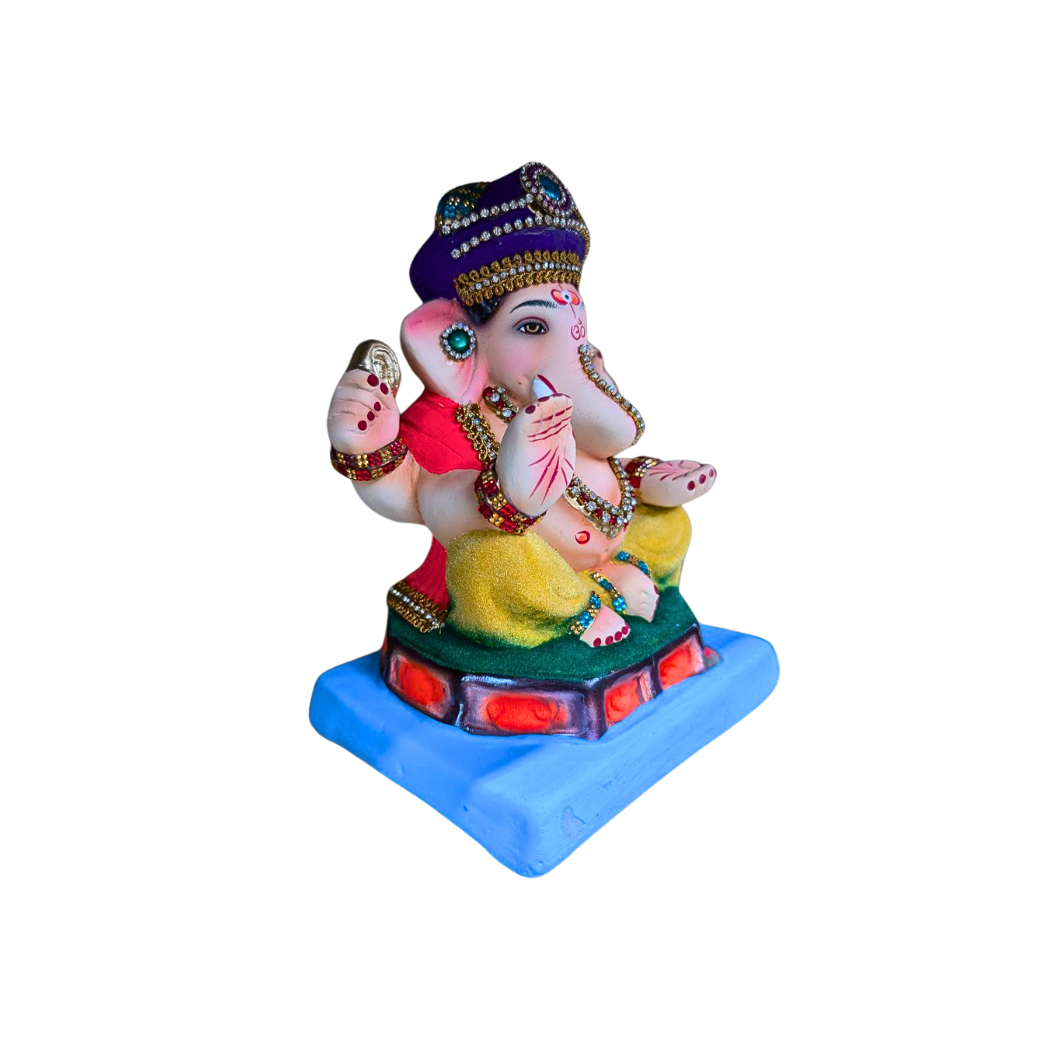 Handmade Colorful Clay Ganpati Idol with Stone Studded Detailing - Available in 3 Sizes