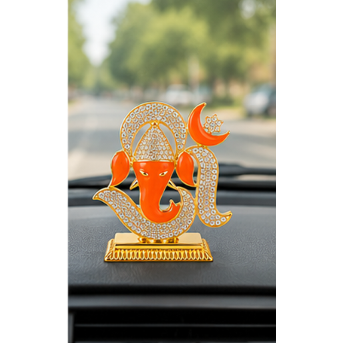 Ganesh Ji Decorative Idol with Om Design, Crystal Stone Detailing & Gold Colour Finish