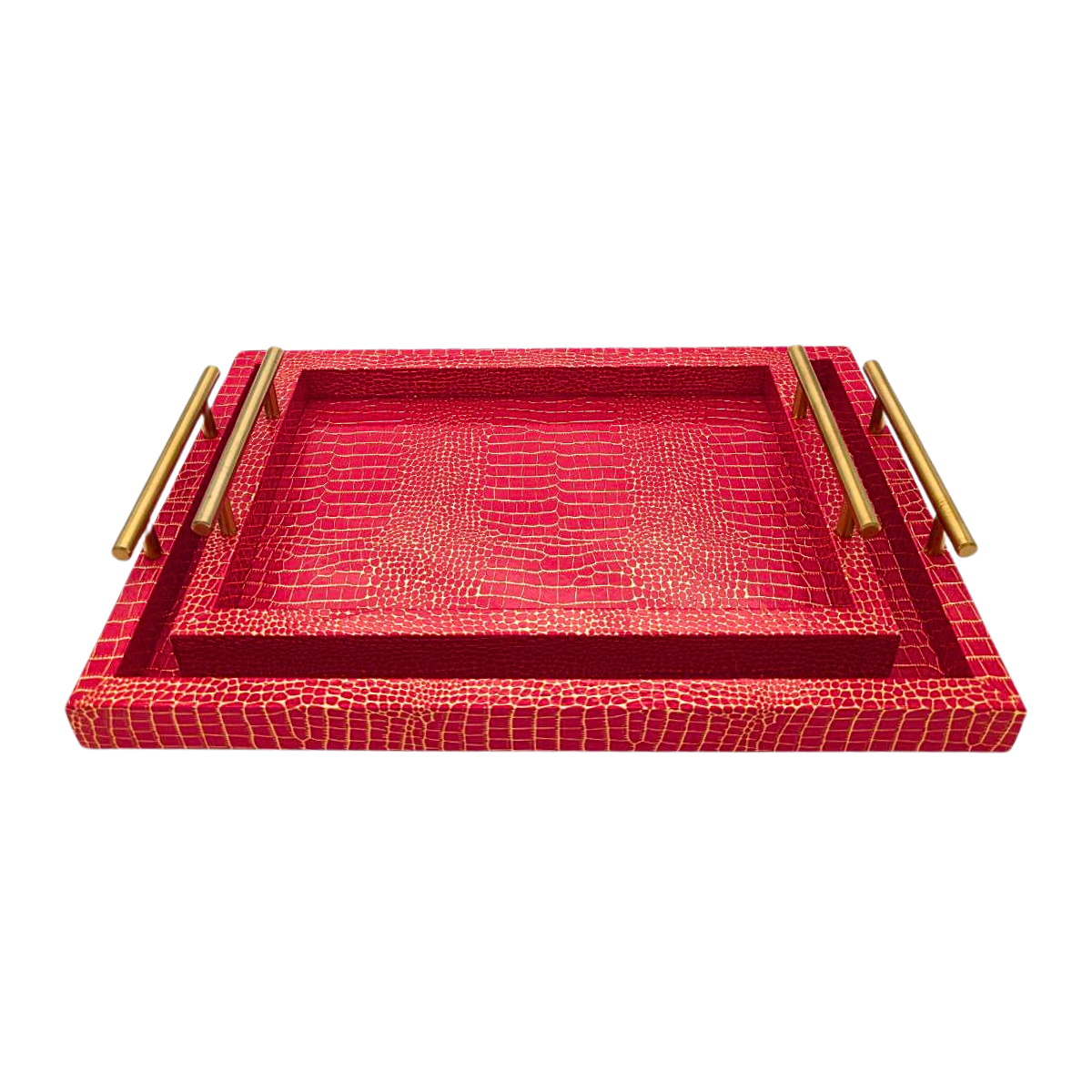 2 x Serving Trays Red with Golden Design & Handles – for Serving Drinks, Foods