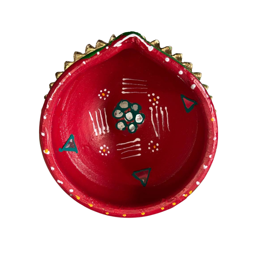 Clay Diya Handmade Painted Red & Green Earthen Oil Lamp for Puja & Diwali