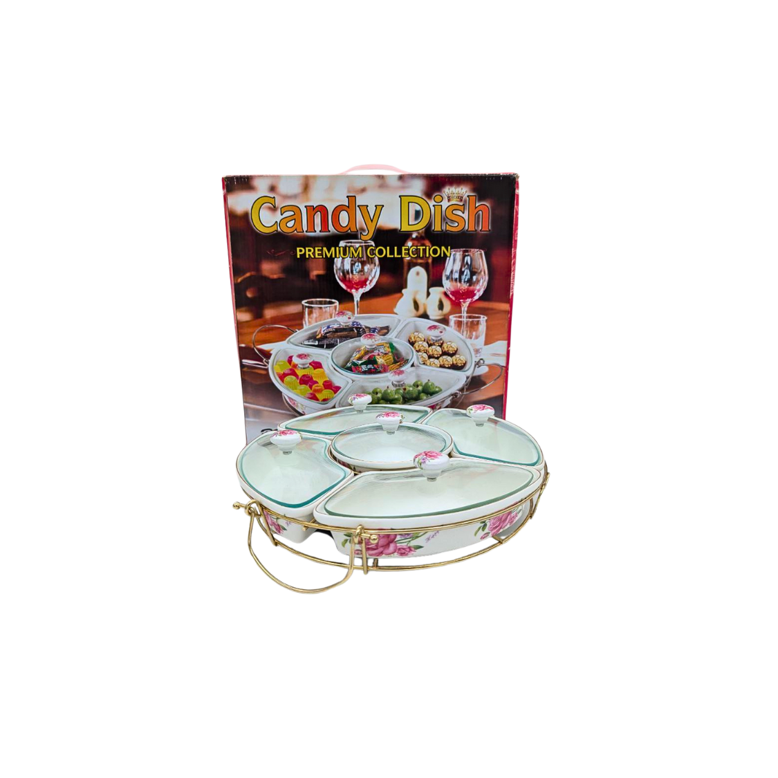 Elegant Lazy Susan with White Ceramic Bowls, Floral Design, Glass Lids, and Metal Stand - 28cm Diameter