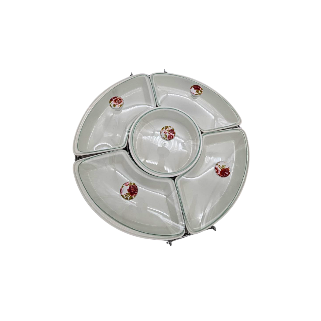 Elegant Lazy Susan with White Ceramic Bowls, Floral Design, Glass Lids, and Metal Stand - 44cm Diameter