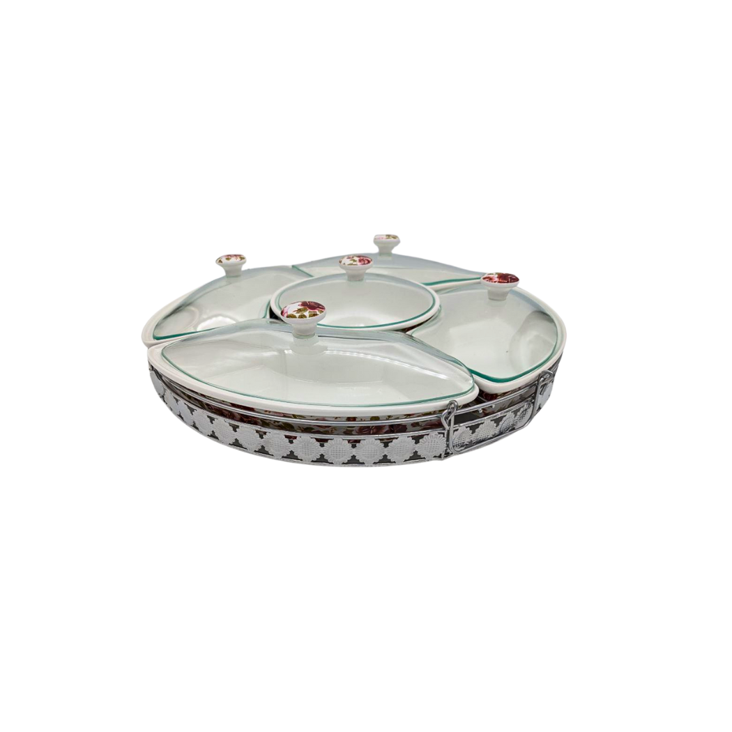 Elegant Lazy Susan with White Ceramic Bowls, Floral Design, Glass Lids, and Metal Stand - 44cm Diameter