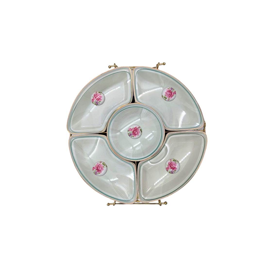 Elegant Lazy Susan with White Ceramic Bowls, Floral Design, Glass Lids, and Metal Stand - 28cm Diameter