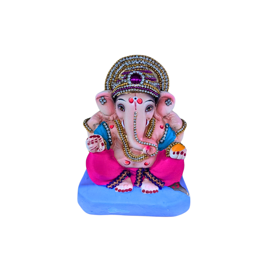 Handmade Colorful Clay Ganpati Idol with Stone Studded Detailing - Available in 3 Sizes