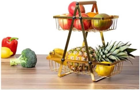 2-Tier Metal Fruit Basket Stand – Detachable Wire Storage Organizer for Countertop Display – Fruit, Vegetable, Snack Holder for Kitchen, Dining Room, Office, Pantry, or Tabletop Decor
