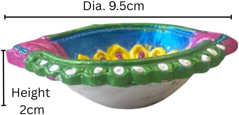 4 x Handcrafted Clay Diya with Green and Blue Finish, Yellow Flower Centre and Stone Work