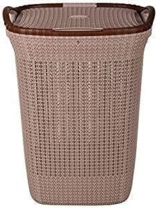 Rope Laundry Basket with Lid – Plastic Storage Hamper with Handles for Clothes, Bathroom & Bedroom – Durable Organizer in Brown, Beige & Grey