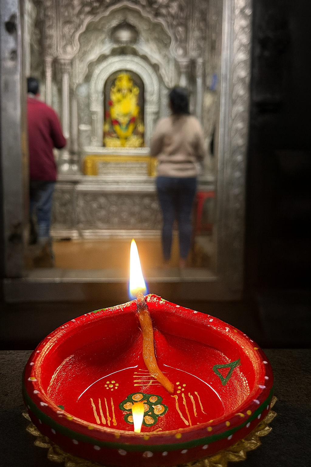 Clay Diya Handmade Painted Red & Green Earthen Oil Lamp for Puja & Diwali