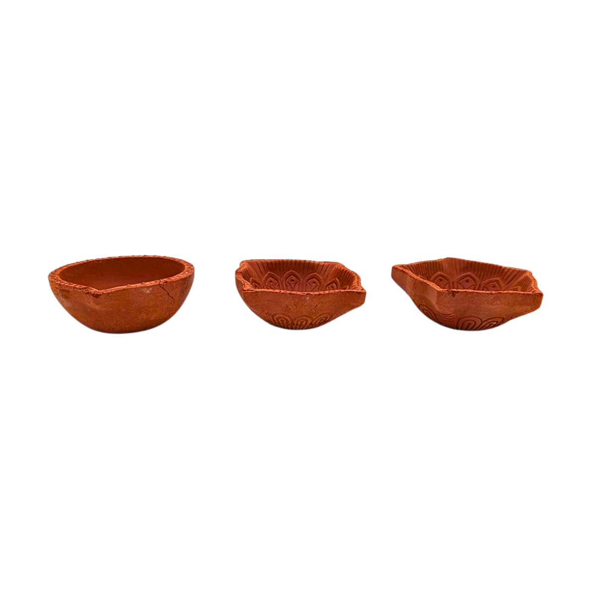 Handmade Clay Diya Set - 3 Unique Variants (Round, Square, Pentagon) - 10-11cm