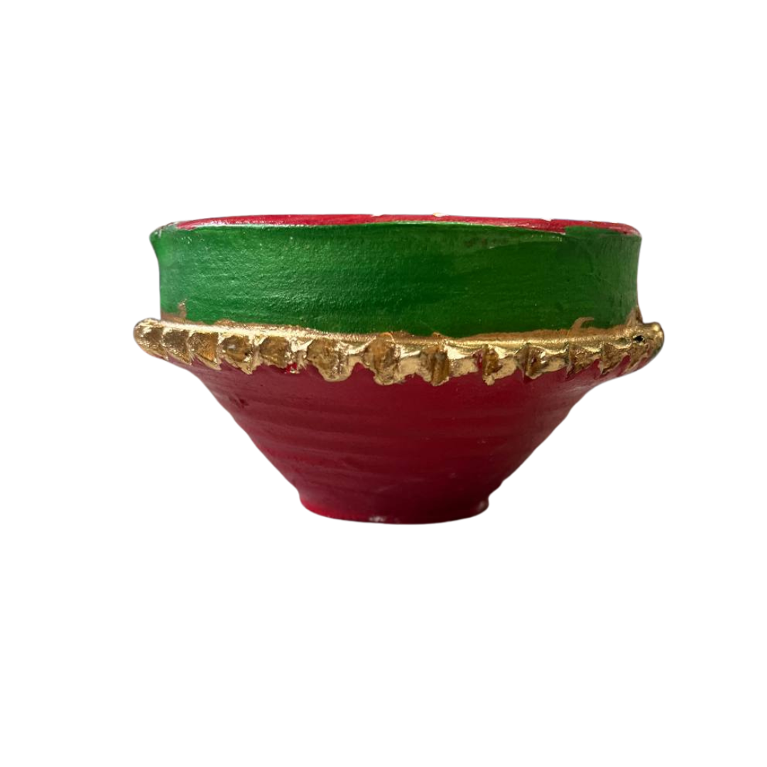 Clay Diya Handmade Painted Red & Green Earthen Oil Lamp for Puja & Diwali