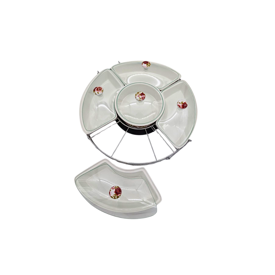 Elegant Lazy Susan with White Ceramic Bowls, Floral Design, Glass Lids, and Metal Stand - 44cm Diameter