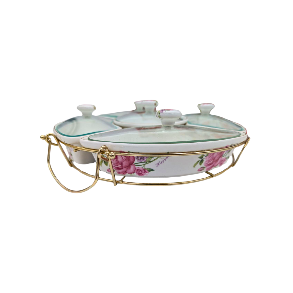 Elegant Lazy Susan with White Ceramic Bowls, Floral Design, Glass Lids, and Metal Stand - 28cm Diameter