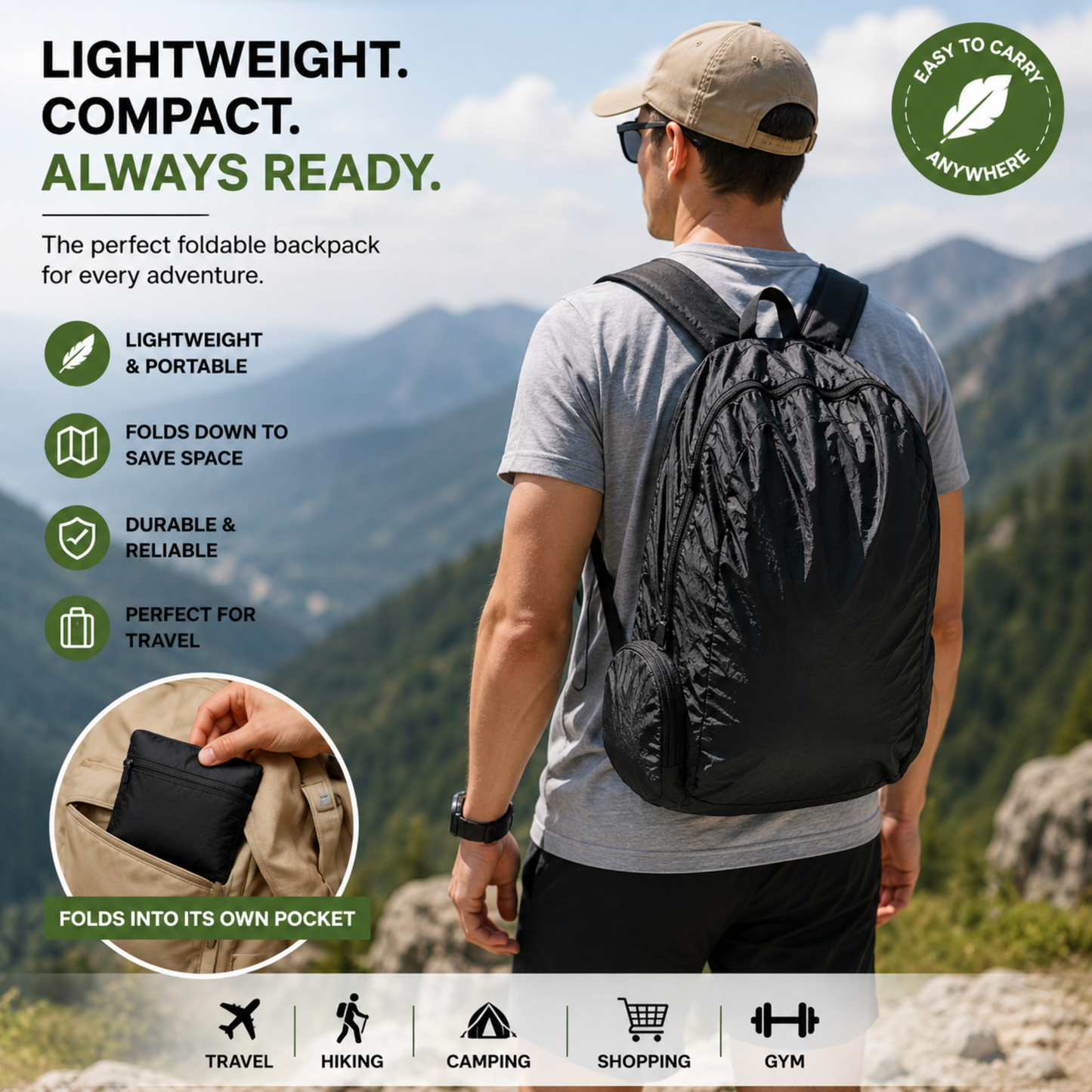 Foldable Backpack Lightweight Travel Rucksack 32 x 42 x 11cm