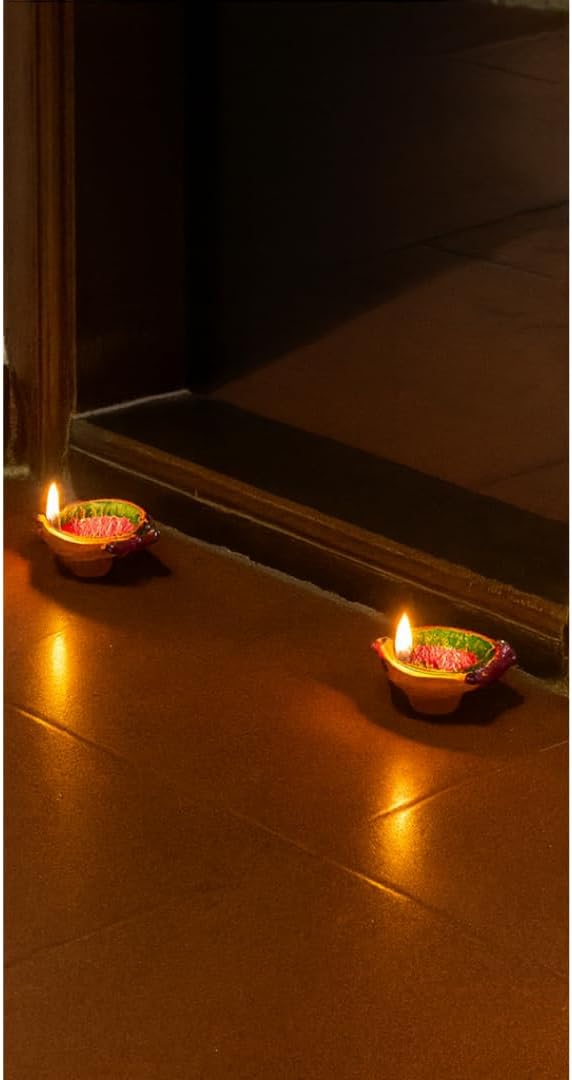 4 x Multicolour Hand Painted Clay Diya with Gemstone and Gifting – 10.5cm x 2.5cm