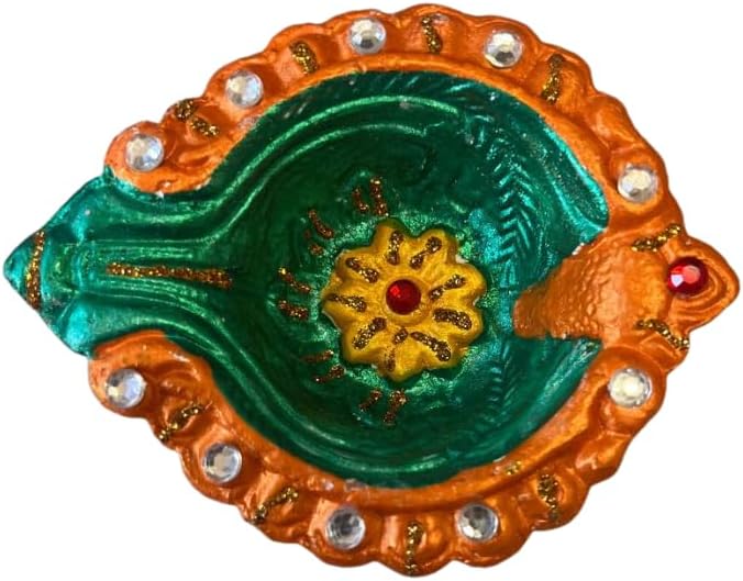 4 x Handcrafted Clay Diya in Green and Orange with Yellow Flower Centre and Stone Work