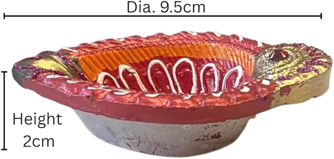 4 x Red Leaf Shape Decorative Diyas with Green Stone Center