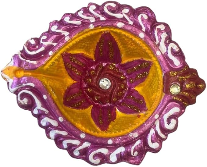 4 x Decorative Clay Diya with Traditional Floral Design and Sparkling Stone Work