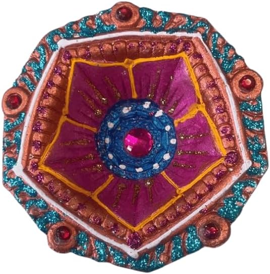 4 x Floral Clay Diyas with Pink Stone Work | Hand Painted Mitti Diya