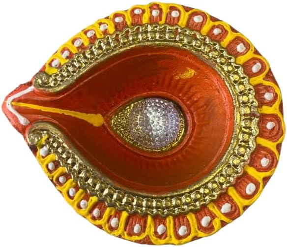 4 x Handcrafted Diwali Diyas Clay Oil Lamps with Stone Centre