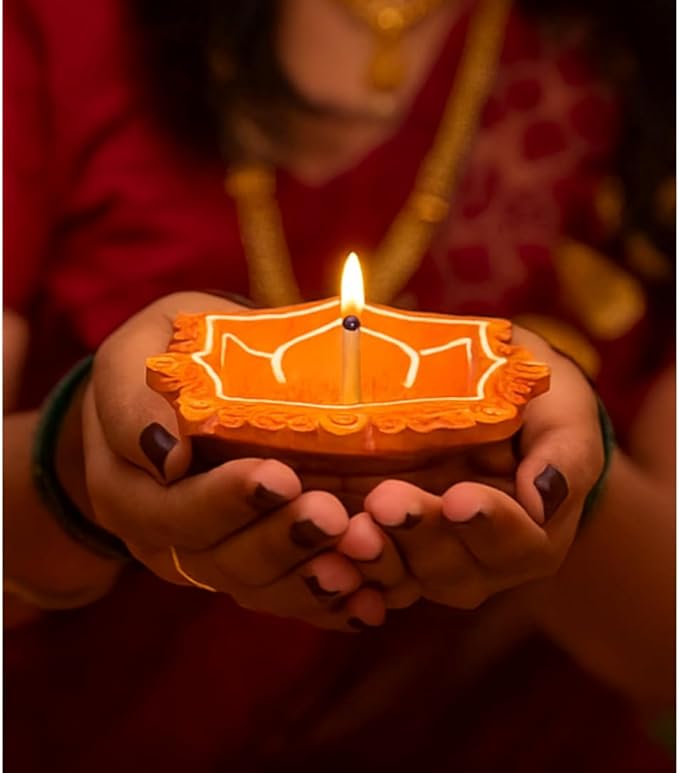 1 x Handmade Clay Oil Diya with Blue Stone & White Circle Design 13.5cm