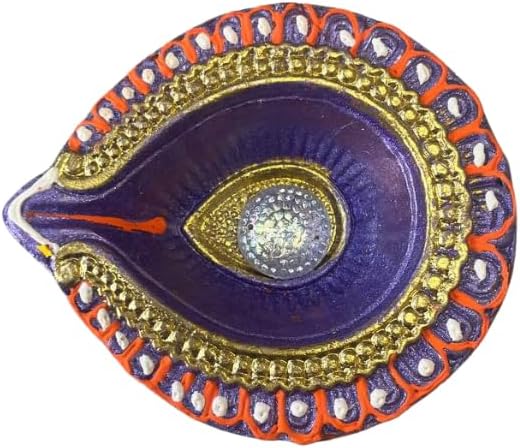 4 x Handcrafted Diwali Diyas Clay Oil Lamps with Stone Centre