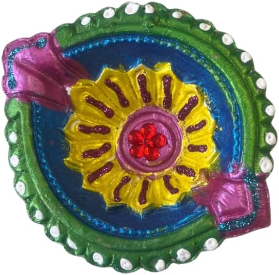 4 x Handcrafted Clay Diya with Green and Blue Finish, Yellow Flower Centre and Stone Work
