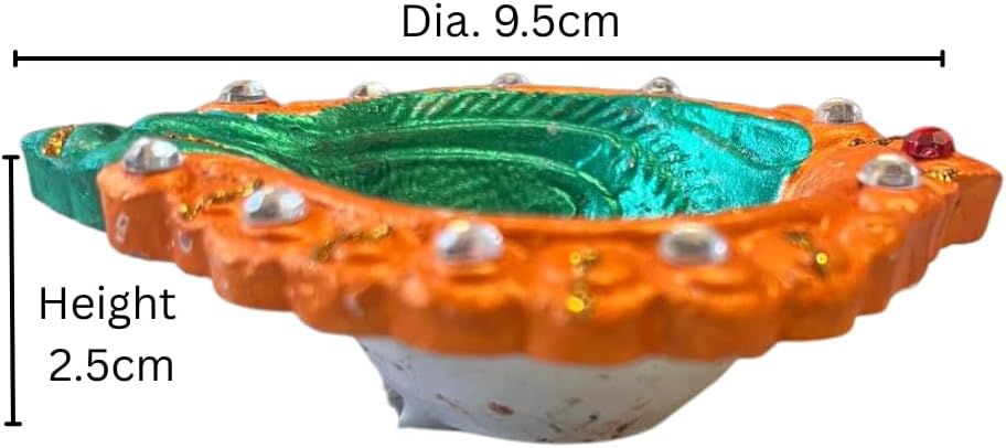 4 x Handcrafted Clay Diya in Green and Orange with Yellow Flower Centre and Stone Work