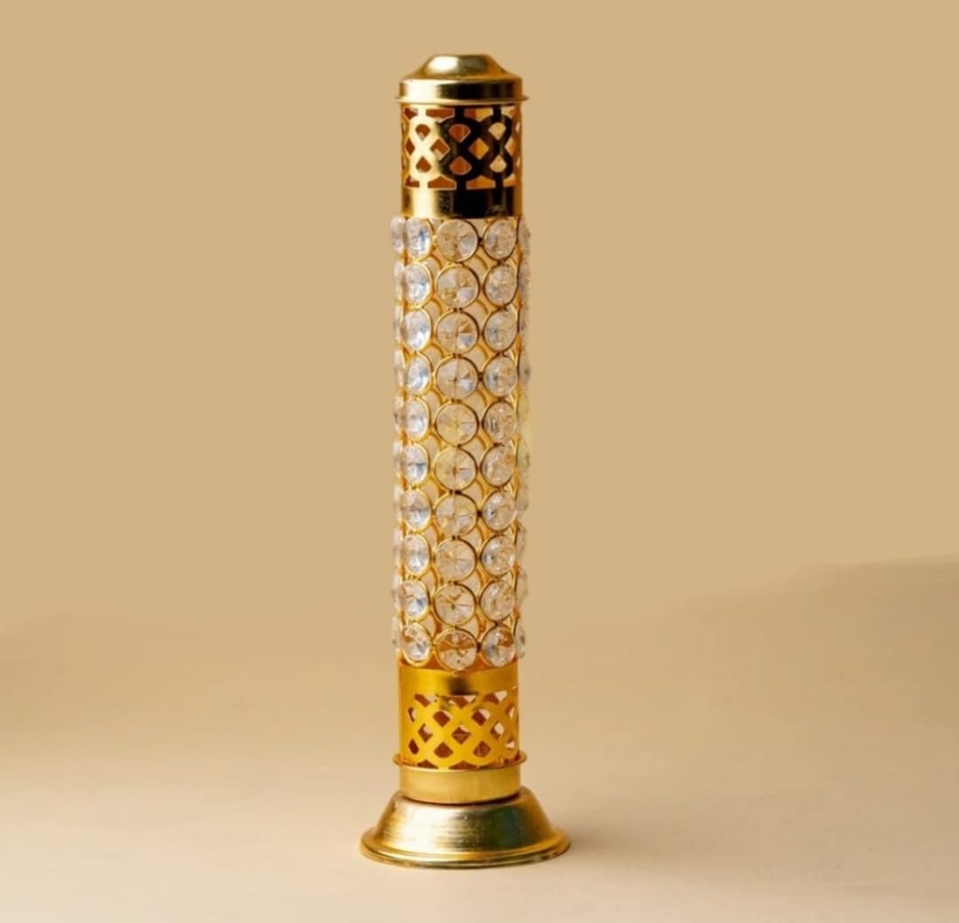 Crystal Diamond Agarbatti Stand 11.5" Gold Incense Stick Holder Ash Catcher