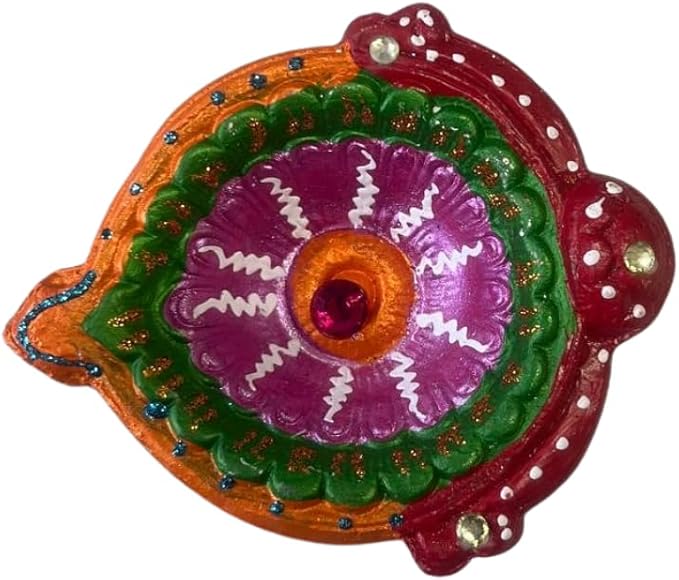 4 x Multicolour Hand Painted Clay Diya with Gemstone and Gifting – 10.5cm x 2.5cm