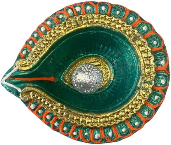 4 x Handcrafted Diwali Diyas Clay Oil Lamps with Stone Centre