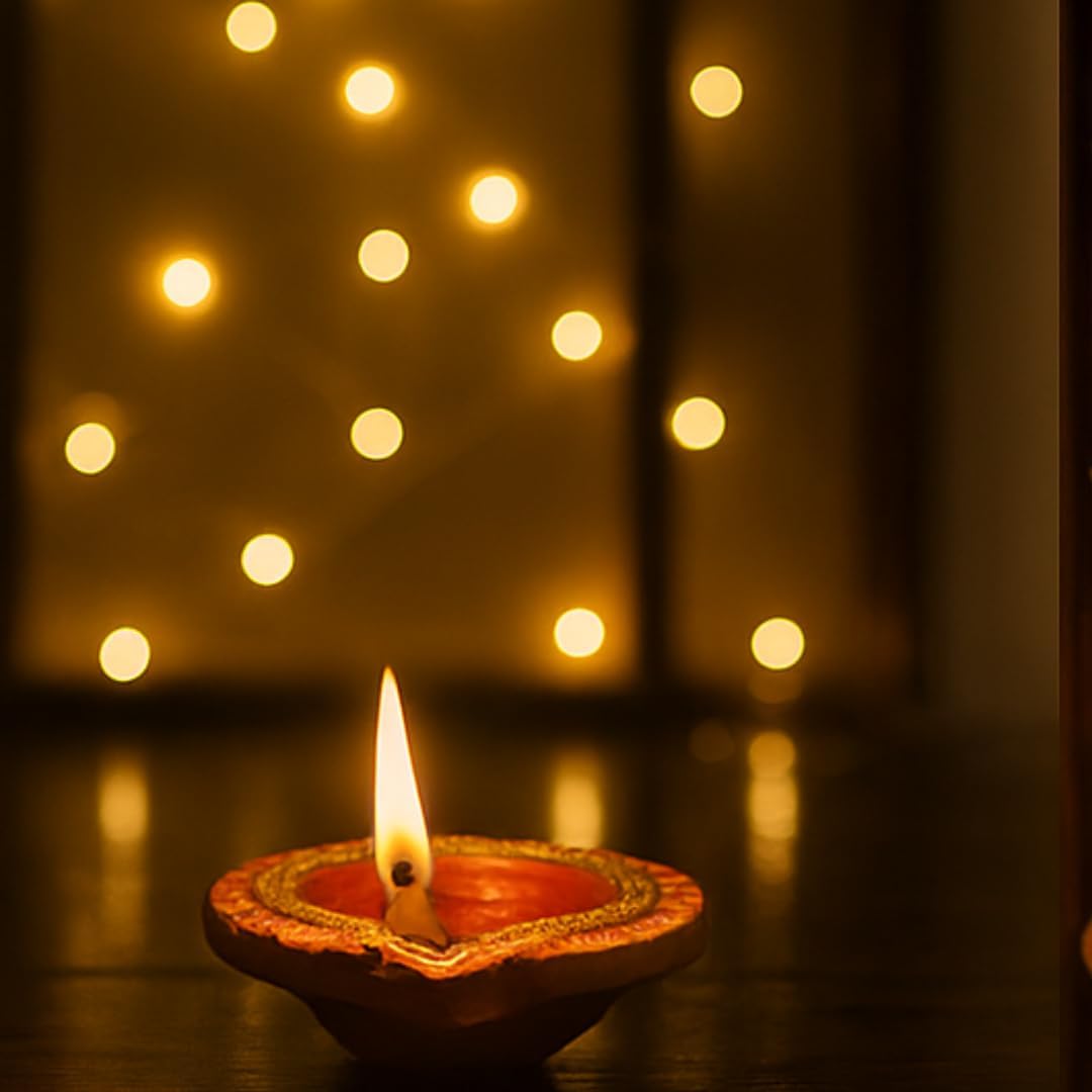 4 x Handcrafted Diwali Diyas Clay Oil Lamps with Stone Centre