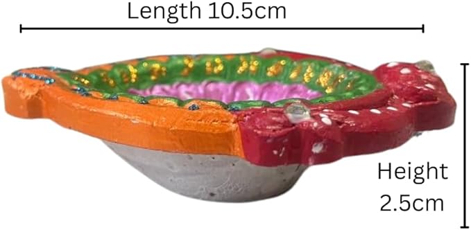 4 x Multicolour Hand Painted Clay Diya with Gemstone and Gifting – 10.5cm x 2.5cm