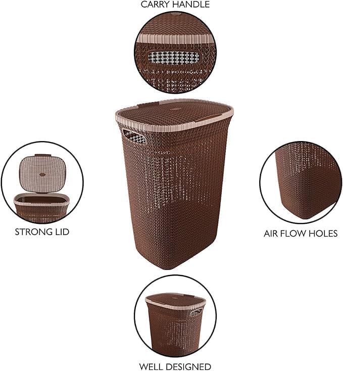 Rope Laundry Basket with Lid – Plastic Storage Hamper with Handles for Clothes, Bathroom & Bedroom – Durable Organizer in Brown, Beige & Grey