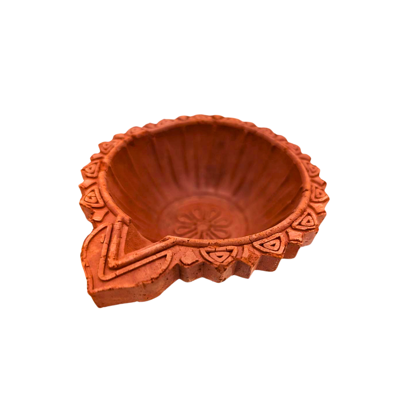 Handmade Clay Diya with Floral Design & Wide Edge - 9cm Diameter