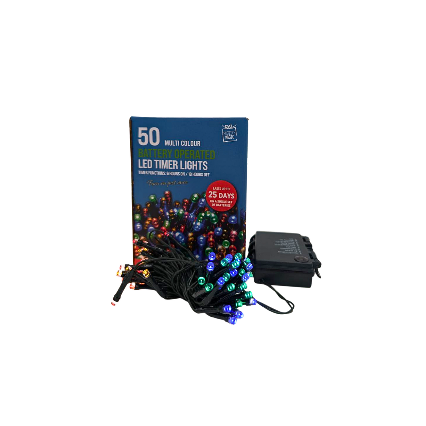 Festive Magic 50 Multicolor Battery Operated LED Timer Lights - 8 Lighting Modes