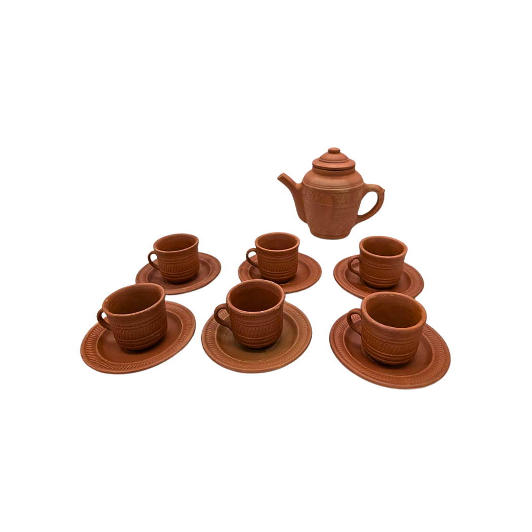 Handcrafted Clay Teapot Set with 6 Teacups & Saucers – Artisan-Made, Natural Elegance