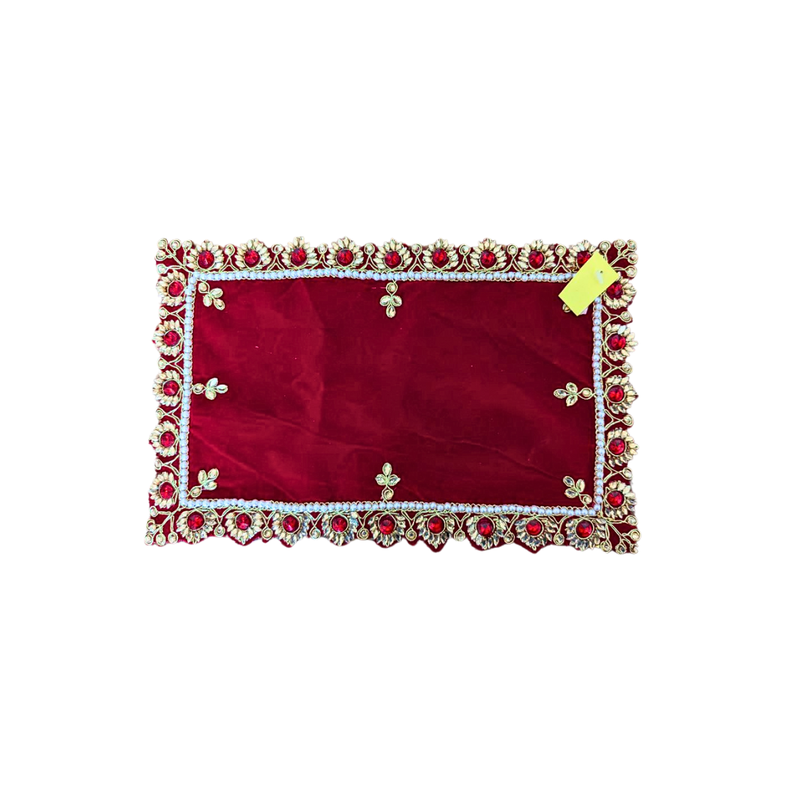 Red Embroidered Pooja Cloth with Stone Work – Ideal for God Idols & Religious Books (Available in 4 Sizes & Shapes)