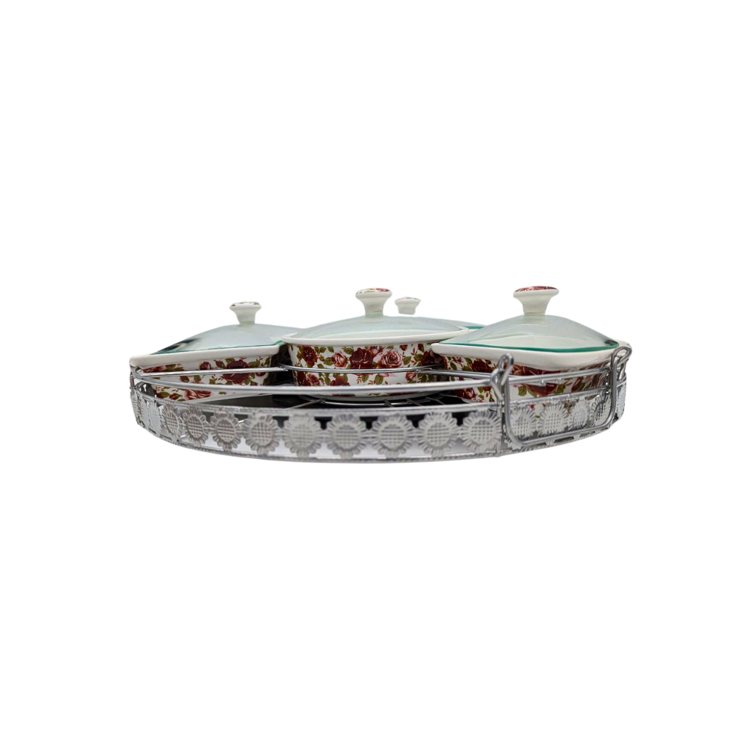Elegant Lazy Susan with White Ceramic Bowls, Floral Design, Glass Lids, and Metal Stand - 44cm Diameter