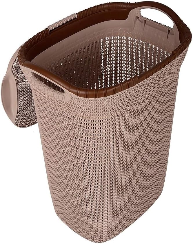 Rope Laundry Basket with Lid – Plastic Storage Hamper with Handles for Clothes, Bathroom & Bedroom – Durable Organizer in Brown, Beige & Grey