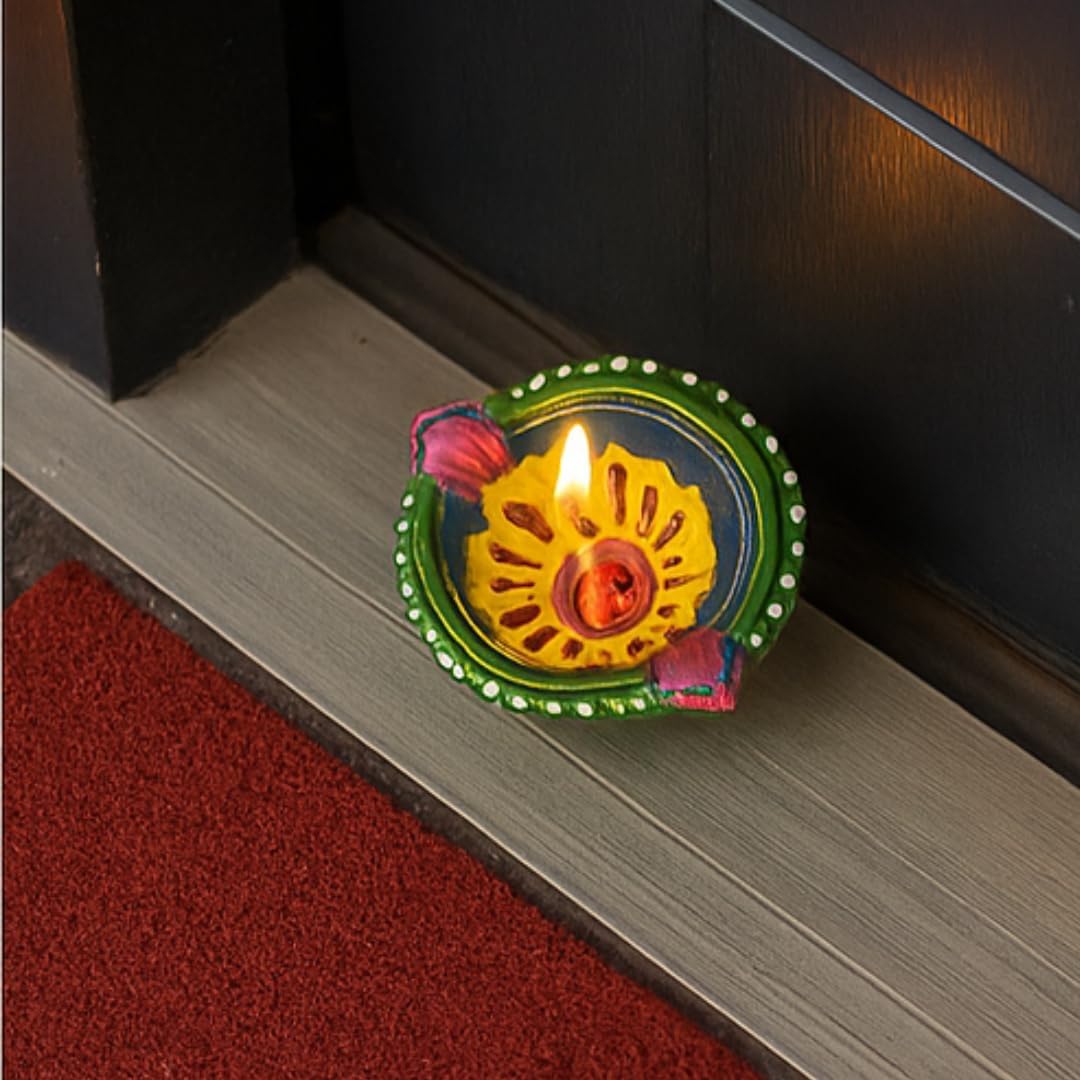4 x Handcrafted Clay Diya with Green and Blue Finish, Yellow Flower Centre and Stone Work