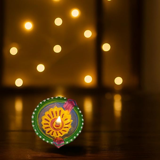 4 x Handcrafted Clay Diya with Green and Blue Finish, Yellow Flower Centre and Stone Work