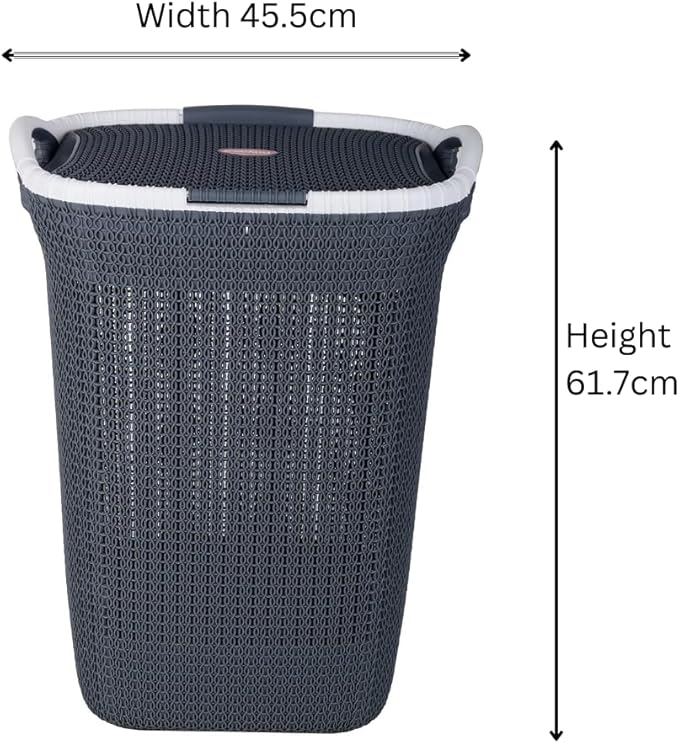 Rope Laundry Basket with Lid – Plastic Storage Hamper with Handles for Clothes, Bathroom & Bedroom – Durable Organizer in Brown, Beige & Grey