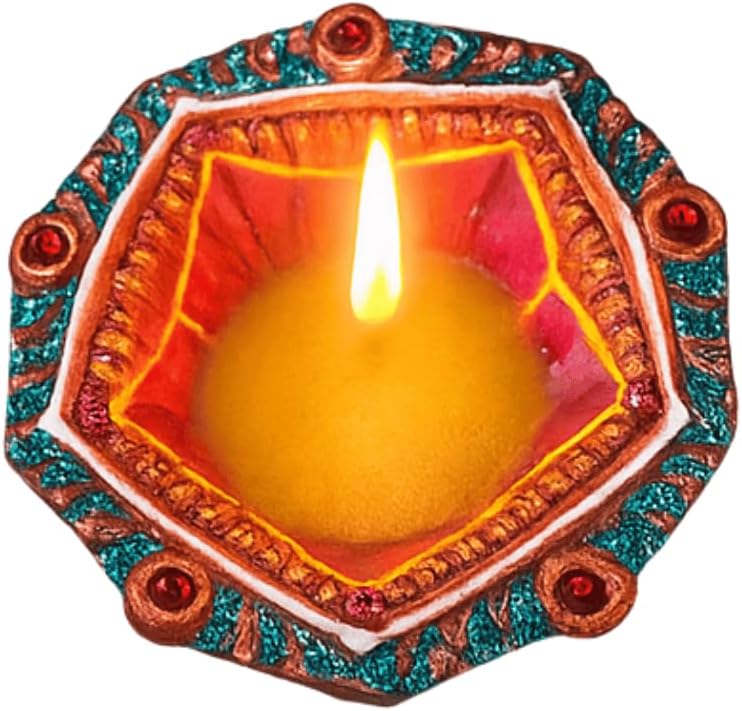 4 x Floral Clay Diyas with Pink Stone Work | Hand Painted Mitti Diya