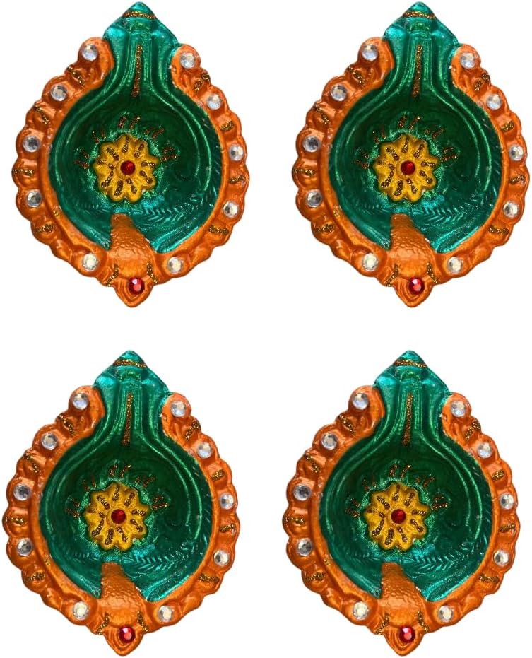 4 x Handcrafted Clay Diya in Green and Orange with Yellow Flower Centre and Stone Work