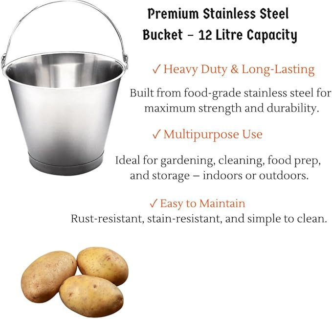 12L Large Stainless Steel Utility Bucket with Handle – Heavy-Duty Metal Pail for Farm, Cleaning, Brewing, Food Prep, Storage, Kitchen & Outdoor Use