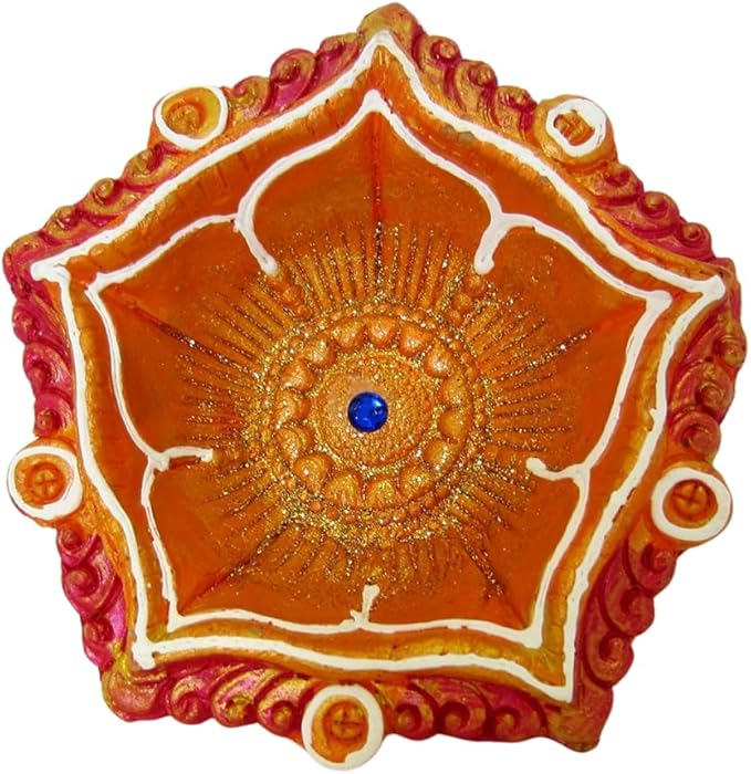 1 x Handmade Clay Oil Diya with Blue Stone & White Circle Design 13.5cm